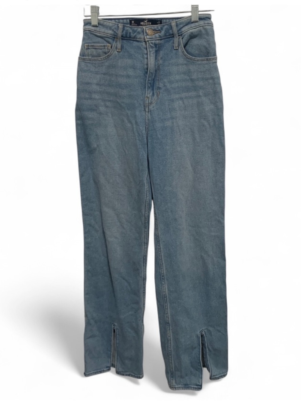 Light Blue High-Rise Straight Jeans with Front Hem Slits